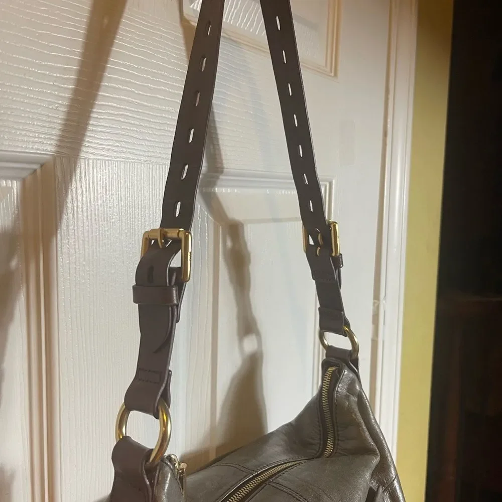 Hobo Leather Grayish green , Brown and Shoulder Bag with gold tone hardwares.